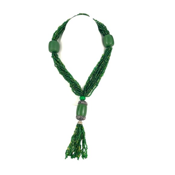 Handcrafted Green Beaded Necklace With Tassel Decorative Silver Accents Adjustab - Picture 3 of 10